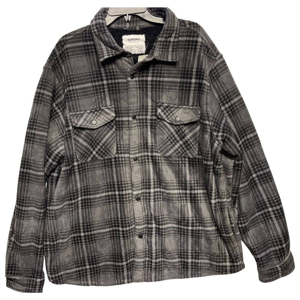 Sonoma Mens Dark Grey Plaid Button-Up Shirt Jacket XXL Polyester plush and cozy